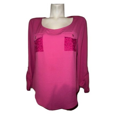 Mine Womens Fuchsia Pink Lace Accent Roll Tab Sleeve Blouse Top Large