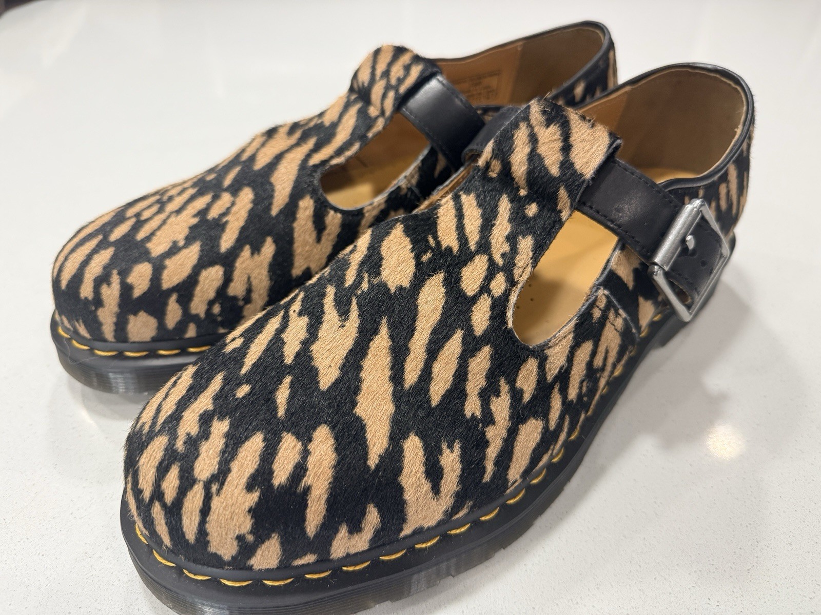 Dr. Martens Genuine Calf Hair T-Bar Shoe In Camel Black Size 12 US MSRP $170