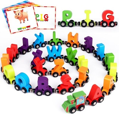 27 PCS Magnetic Wooden Alphabet Train Set, ABC Learning Toy with 42 Flash... 