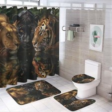 4Pcs Shower Curtain, Powerful Wildlife Jungle Animal Shower Forest Tiger Lion