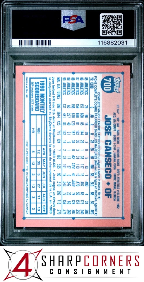 1991 O-PEE-CHEE #700 JOSE CANSECO ATHLETICS PSA 10 - Image 2 of 3