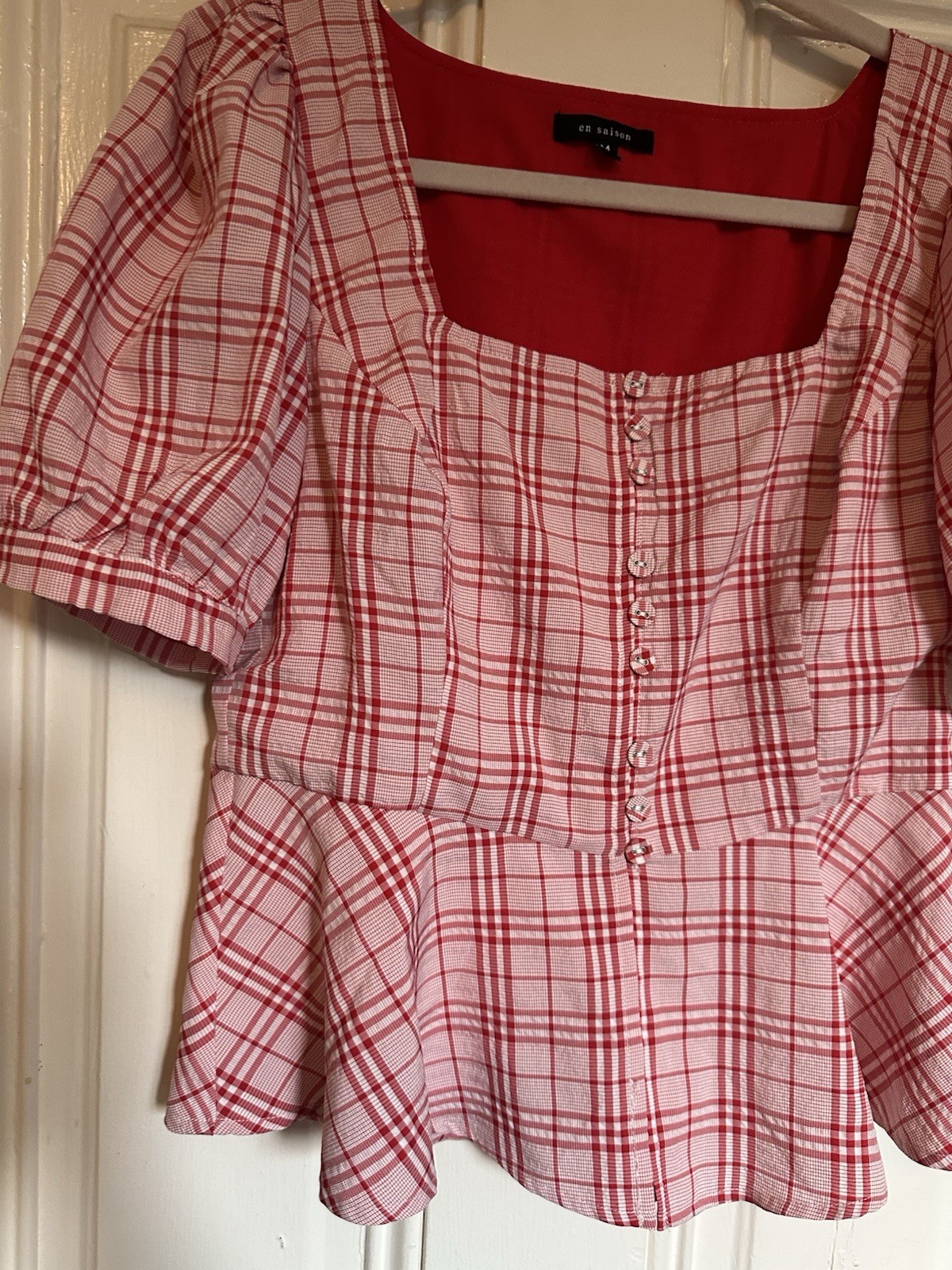 en saison Blouse Top Womens M Red Square Neck Puff Sleeve Babydoll Pinup Couture image 2