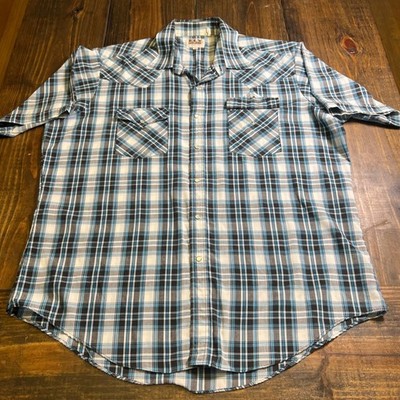 Ely Cattleman Mens XL Blue Plaid Short Sleeve Western Pearl Snap Shirt Cowboy