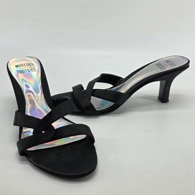 Y2K Mootsies Tootsies Kitten Heels Black Satin Crisscross Shoes Sandals 9 Slides