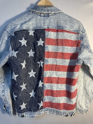 H&M Divided Denim Jacket American Flag Back Patch Women Size 2 Patriotic