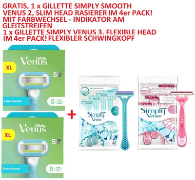 16 Gillette Venus Extra Smooth Rasierklingen 8 + 6 + 2 + GRATIS 2 x Simply Venus