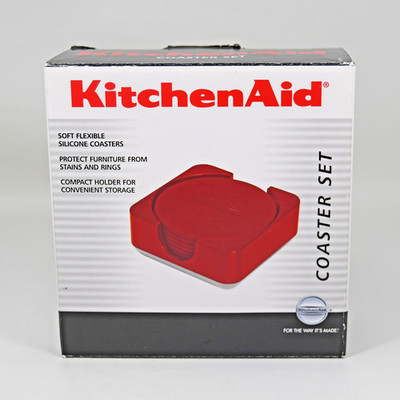 KitchenAid Silicone Coaster Set of 6 Red with Holder 4 inch Rare New Old Stock