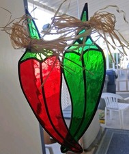 Chili Peppers Sun Catcher Set Red and Green Stained Glass Hanging Window Decor