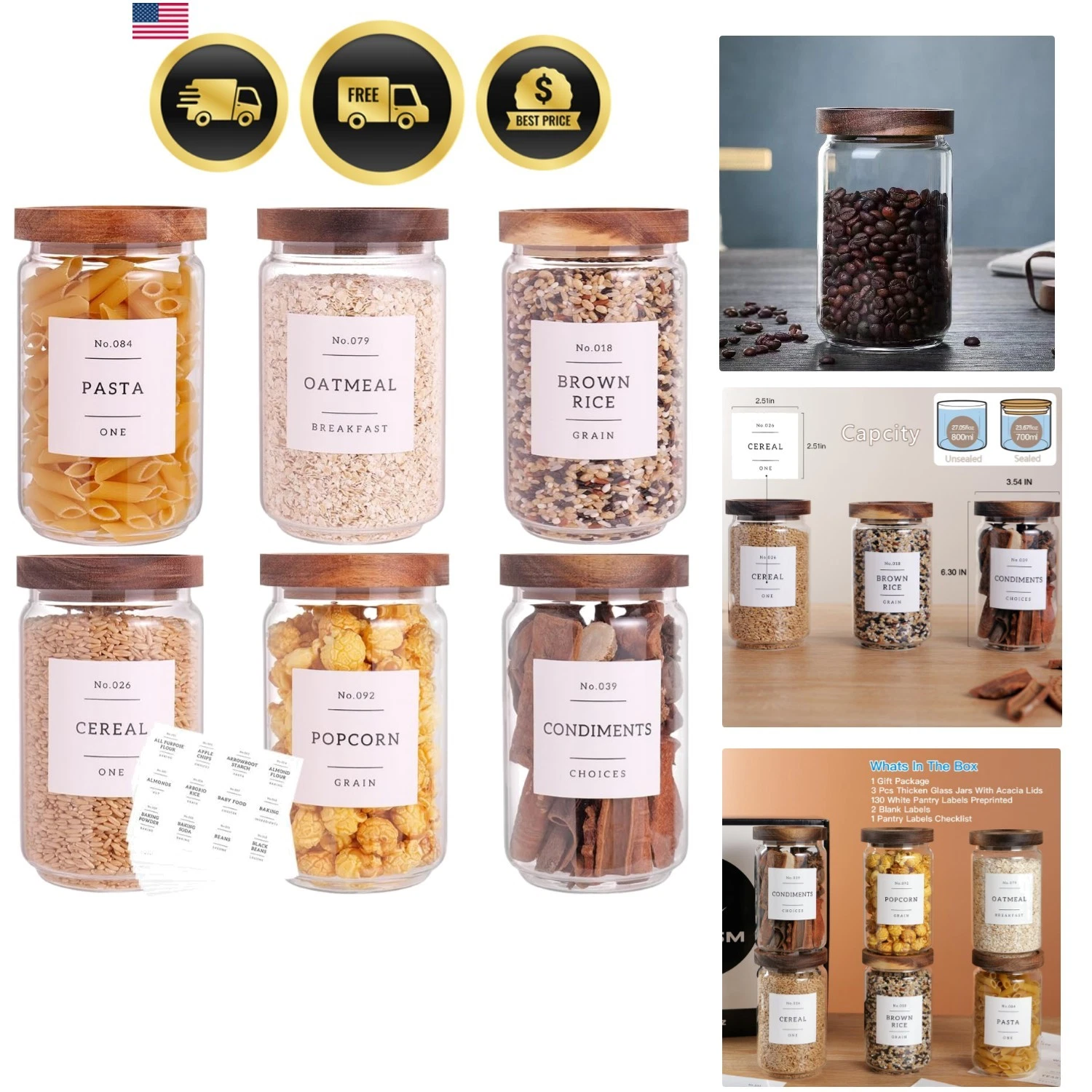 6 Set Glass Pantry Storage Jars with Acacia Airtight Lid - 23oz Thicken Glass...