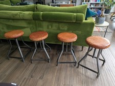 Rockett St George 4 X Tan Leather Swivel Bar Stools  With Metal Base