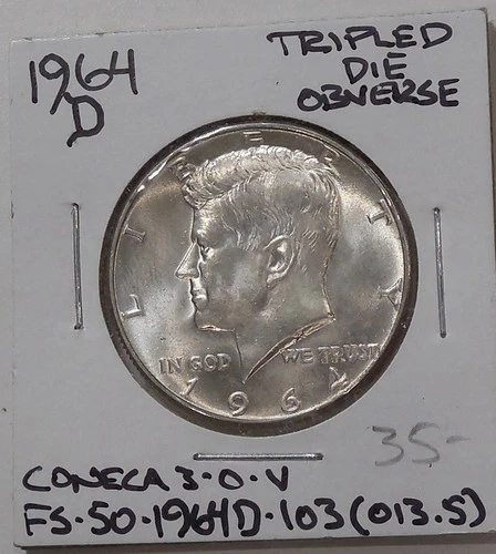 1964 D UNC Kennedy Half DOLLAR - 90% SILVER * Tripled Die Obverse