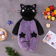 Halloween Baby Black Cat Costume Winter Warm Hooded Romper Cute Warm Infant