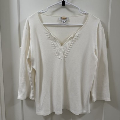 Talbots Women White Split V Neck With Embroidered French Knots Knit Top Medium