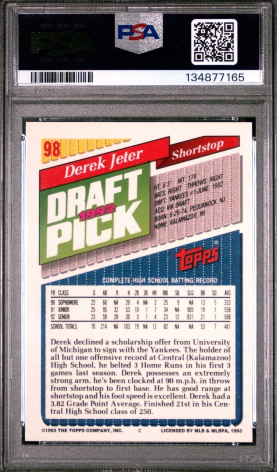 1993 Topps #98 Derek Jeter RC / PSA-9 MINT / Should be 10 IMHO - Please Read view 2