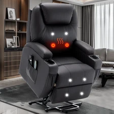 Power Lift Recliner With Massage & Heat, Side Pockets & Cup Holder, Faux Leather