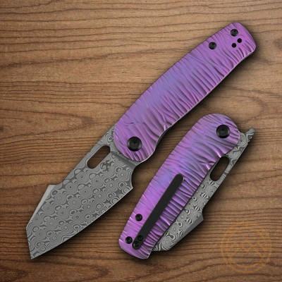 Kansept Knives Orlok Folding Knife 3 Damascus Steel Blade Purple Titanium Handle