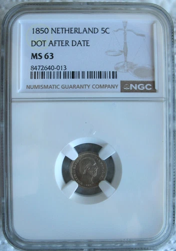 1850 Netherlands Silver 5 Cents NGC MS-63 DOT AFTER DATE