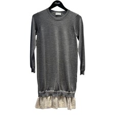 RED VALENTINO Knit Dress Wool Gray S Womens Lace Hem Long Sleeve Crew Neck