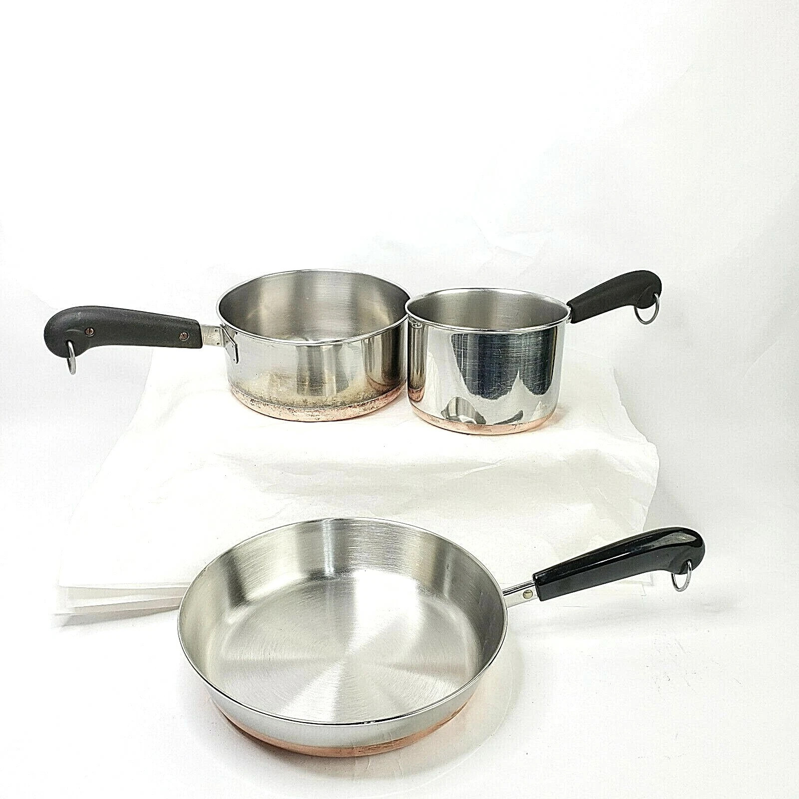 Vtg Revere Ware 1Qt/2QtSauce Pan 9"Saute Pan Copper Bottom Stainless Steel USA