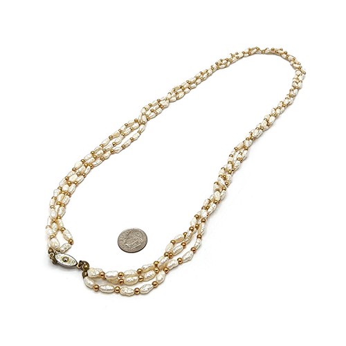 Vintage 3 Strand Freshwater Rice Pearl Necklace 28" 3mm Gold Tone Beads Fishhook - Picture 4 of 5