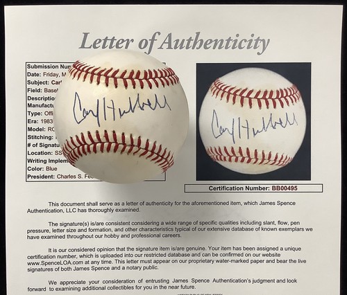 Carl Hubbell Signed Baseball Feeney New York Giants Autograph AS MVP WSC HOF JSA - Picture 7 of 8