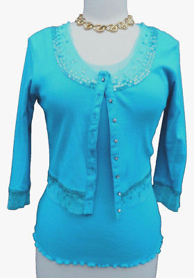 BASIL MAUDE Blue Sequin Rhinestone Mesh Fairy Whimsicore Top Cardigan Twinset S
