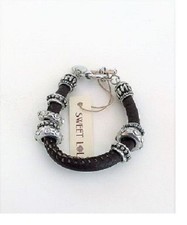 NEW SWEET LOLA ANTIQUE SILVER TONE+BROWN LEATHER CORD,RINGS,CRYSTALS BRACELET