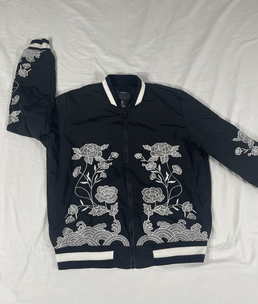 Forever 21 Women Black Floral Embroidered Bomber Jacket Size M