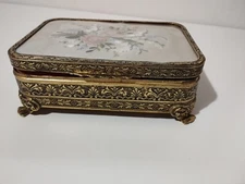 🟢RARE Vintage Clockwork Swiss Jewelry Music Box THORENS Embroider Flowers🟢