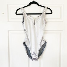 80  s 90  s Silver Metallic Swimsuit Vintage High Cut Leg V Front