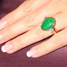 Vintage 5Ct Oval Natural Green Jade Sterling Silver 925 Women's Wedding Ring