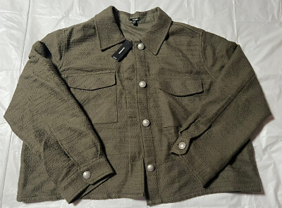 NWT! $128 Express Tweed Novelty Button Cropped Shacket In Olive Green, XL