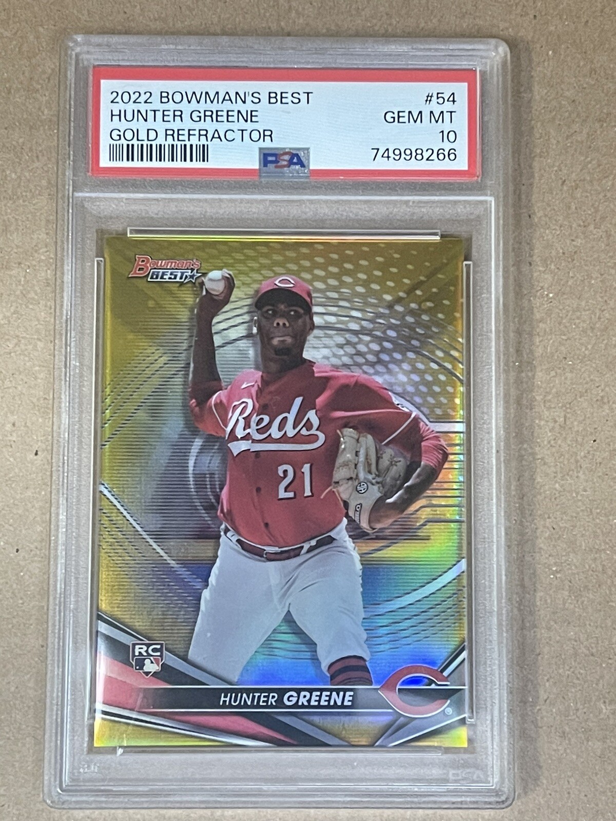 2022 BOWMANS BEST ROOKIE HUNTER GREENE RC GOLD REFRACTOR /50 SSP PSA 10 GEM POP2