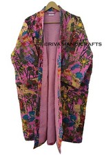 Indian floral Print Kantha Quilted Handmade Pink Winter Mid-Length Jacket