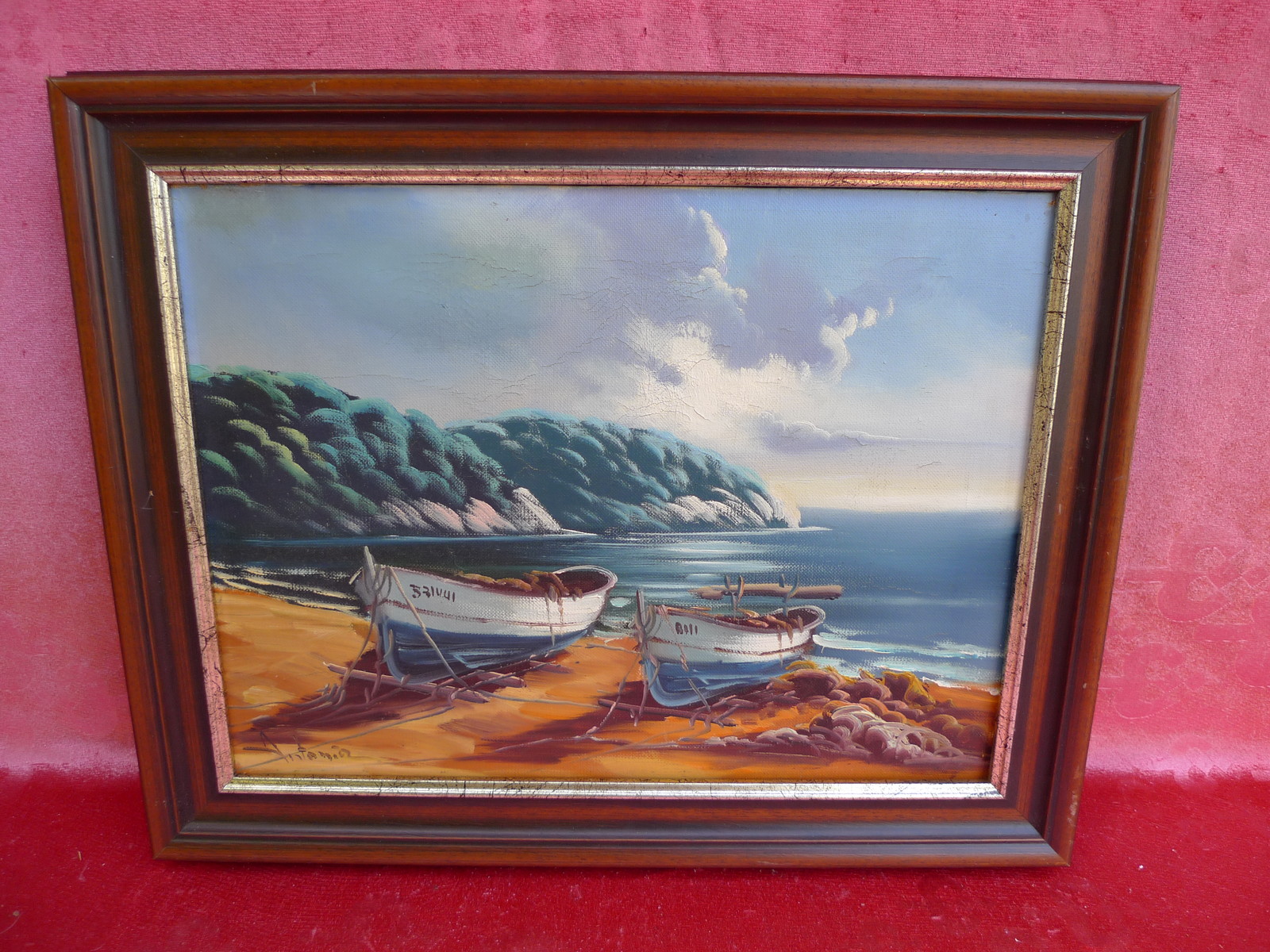 Hermosa Pintura Antigua De Barcos En La Playa ¡Firmada!