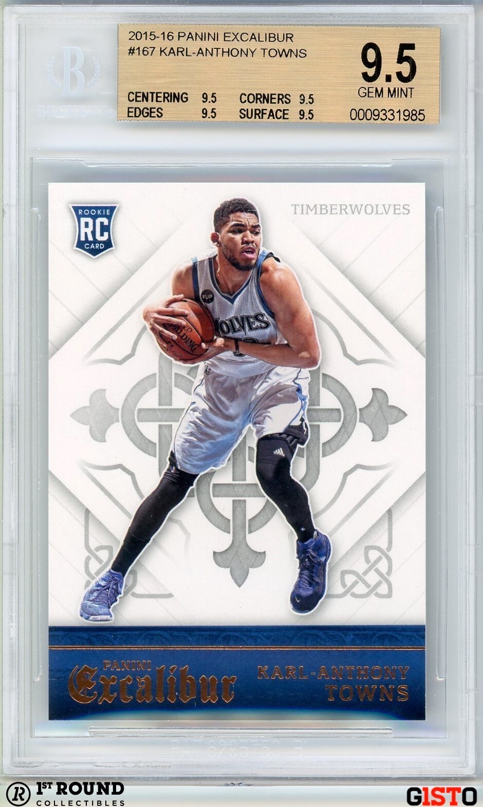 Karl-Anthony Towns RC BGS 9.5: 2015-16 Panini Excalibur Rookie Gisto #167 POP 9