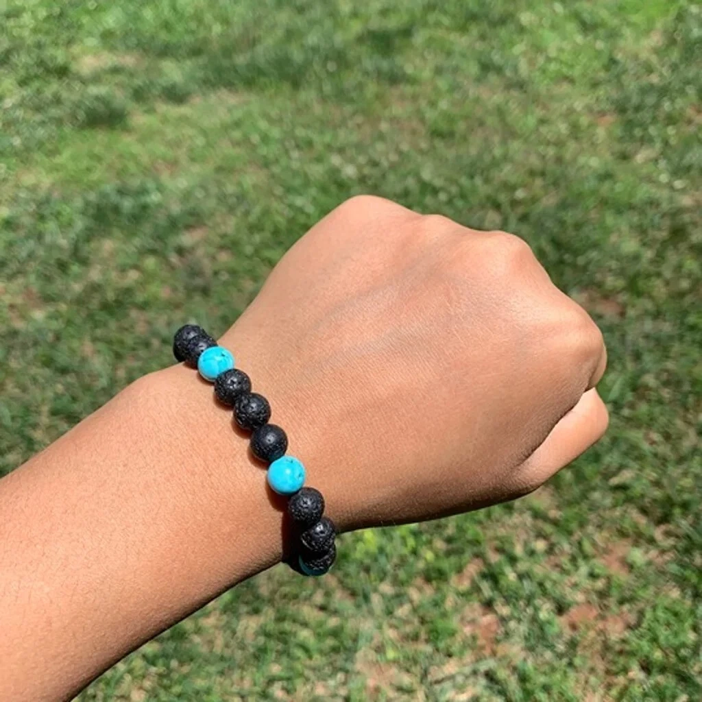 Black & Sky Blue Color Bead Clear Elastic String Bracelet