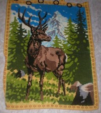 BUCK DEER MOUNTAINS LATCH HOOK RUG 40" x 53" VINTAGE COMPLETED SOLD AS IS