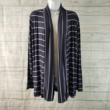 LOGO by Lori Goldstein Womens Cardigan Sz Large Blue Stripe Open Front Rayon