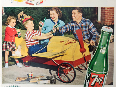 Happy Family Landing Plane Toy 7 Up Soda Pop Vtg 1949 Ad Seven Case Glass Bottle