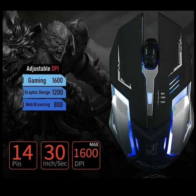 Gaming Mouse LED Breathing Fire 4 Button Silent USB Wired 1600 DPI Laptop PC USA - Image 2 of 4