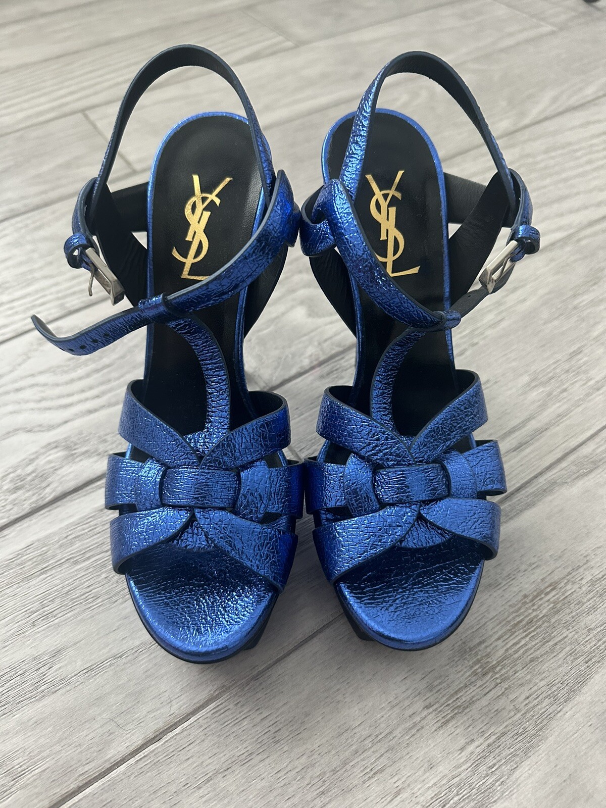 Nuovi sandali décolleté Saint Laurent YSL Tribute blu metallizzato in pelle plateau 37 5