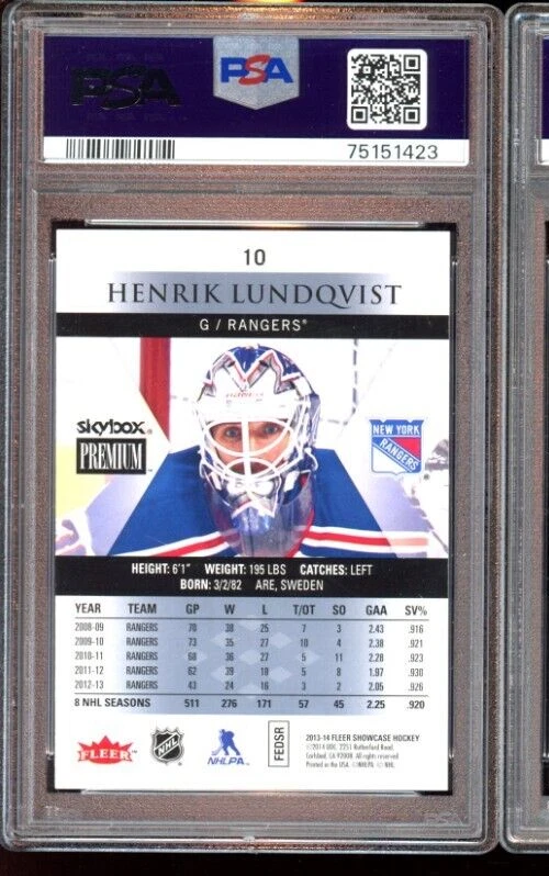 2013 FLEER SHOWCASE HENRIK LUNDQVIST SKYBOX PREMIUM SPARKLING DIAMOND /5 PSA 10 - Image 2 of 2
