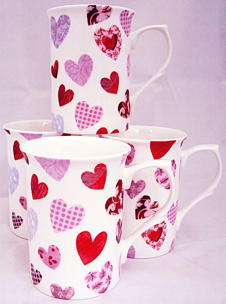 Patched Hearts Mugs Set of 4 Fine Bone China Castle Cups Hand Decorated in UK