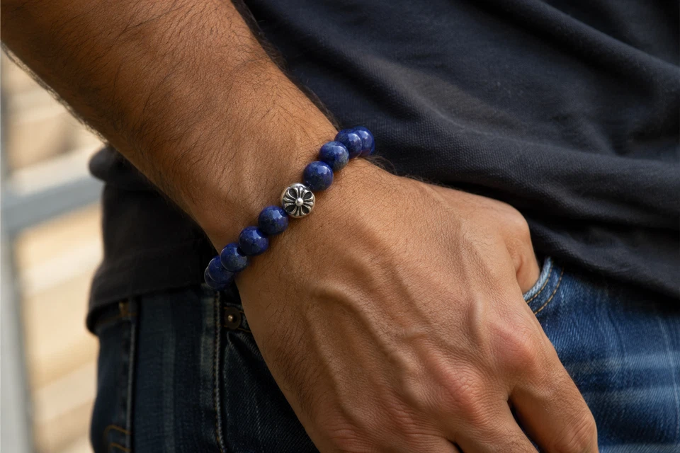 Bracelet homme en argent sterling 925 croix celtique lapis-lazuli 10 mm... - Photo 2/4