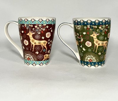 2 WERNER VOSS Ceramic Coffee Tea Cup Deer Birds Flowers Heart  Set of 2 German