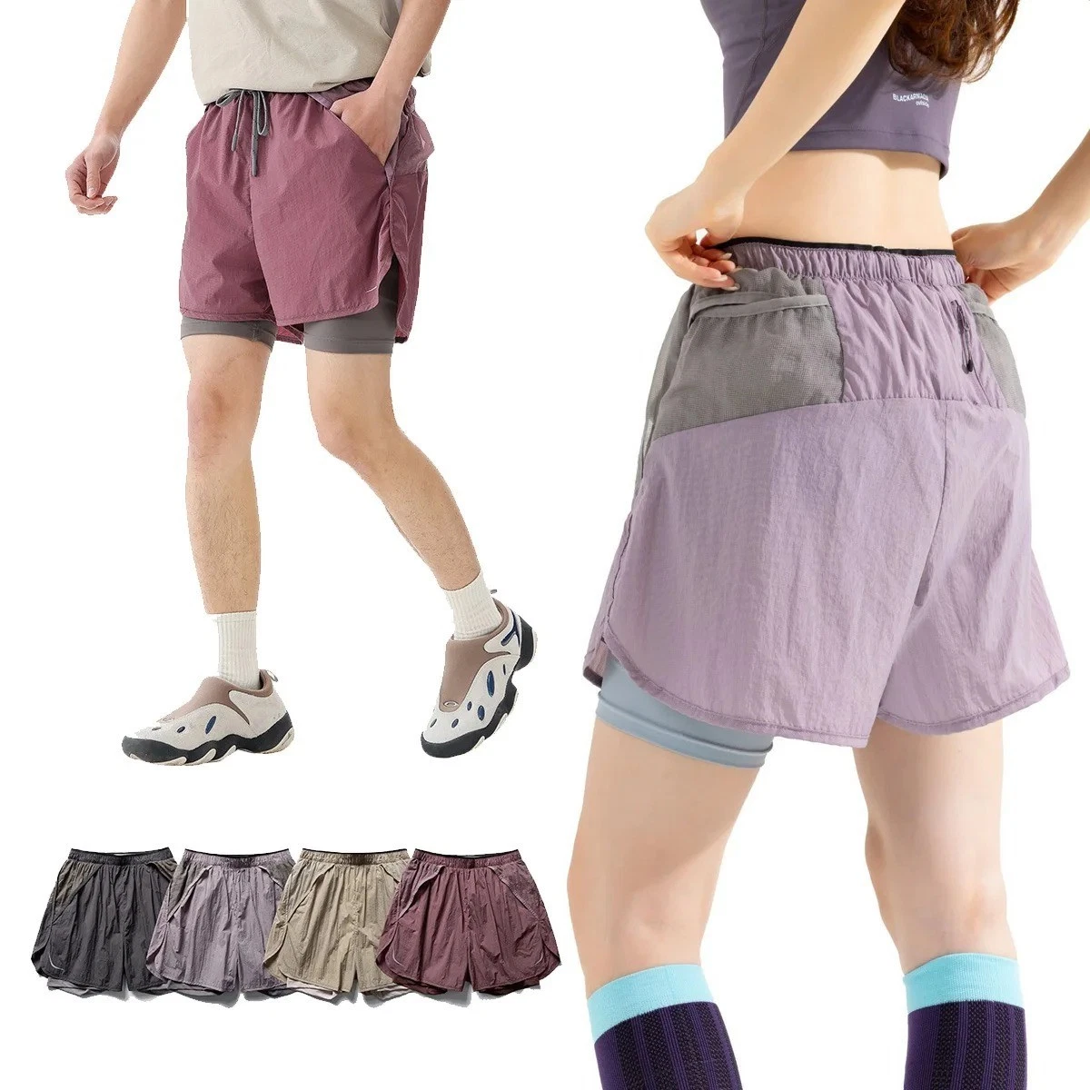 Unisex Fake Two Piece Running Shorts Quick Dry Gym Fitness Summer Pant