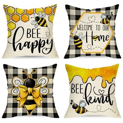 Summer Bumble Bee Happy Bee Kind Decorative Throw Pillow Covers 18 x 18 Set o...