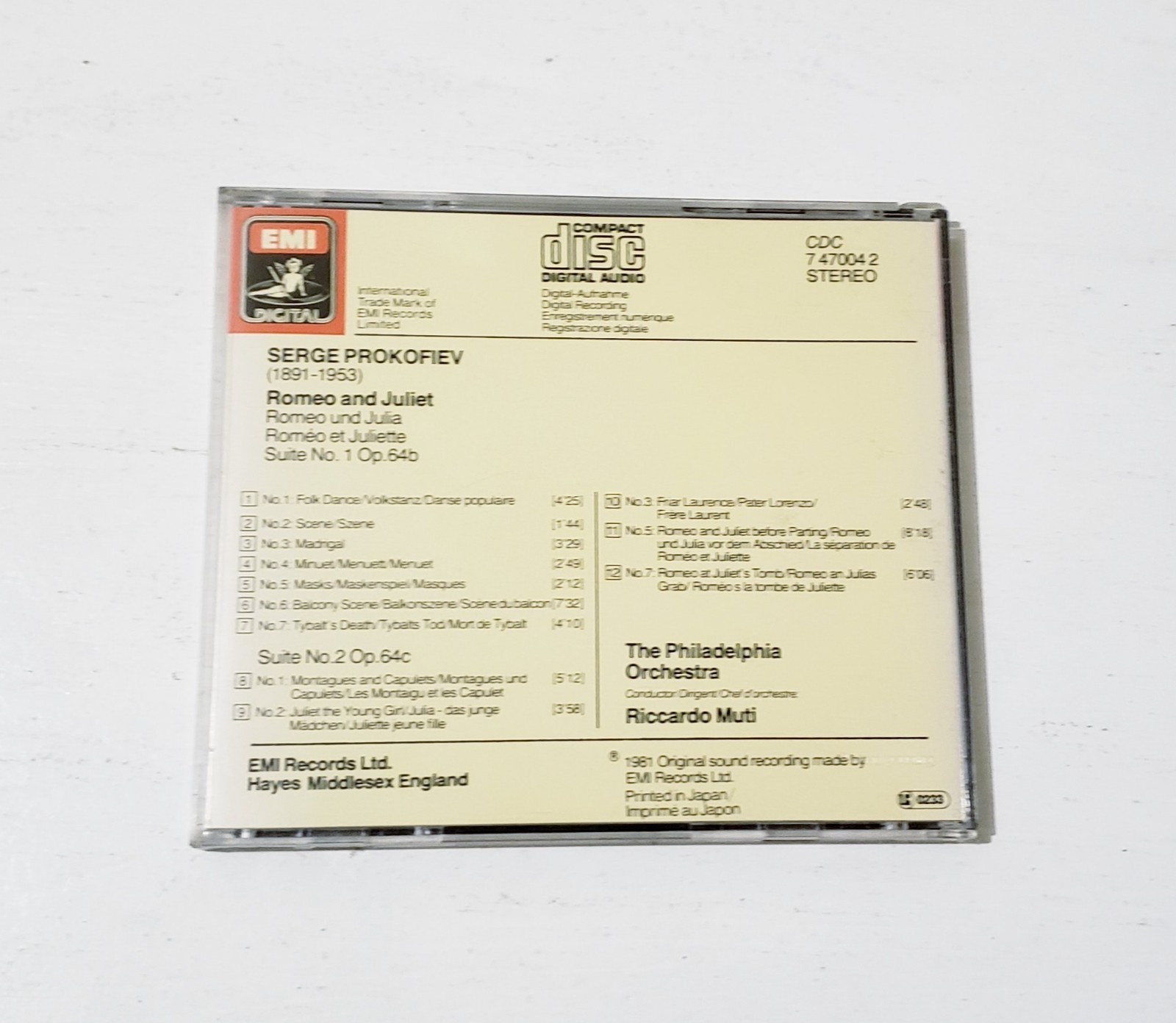 PROKOFIEV - Romeo And Juliet Suites Muti Philadelphia Orchestra CD EMI Japan