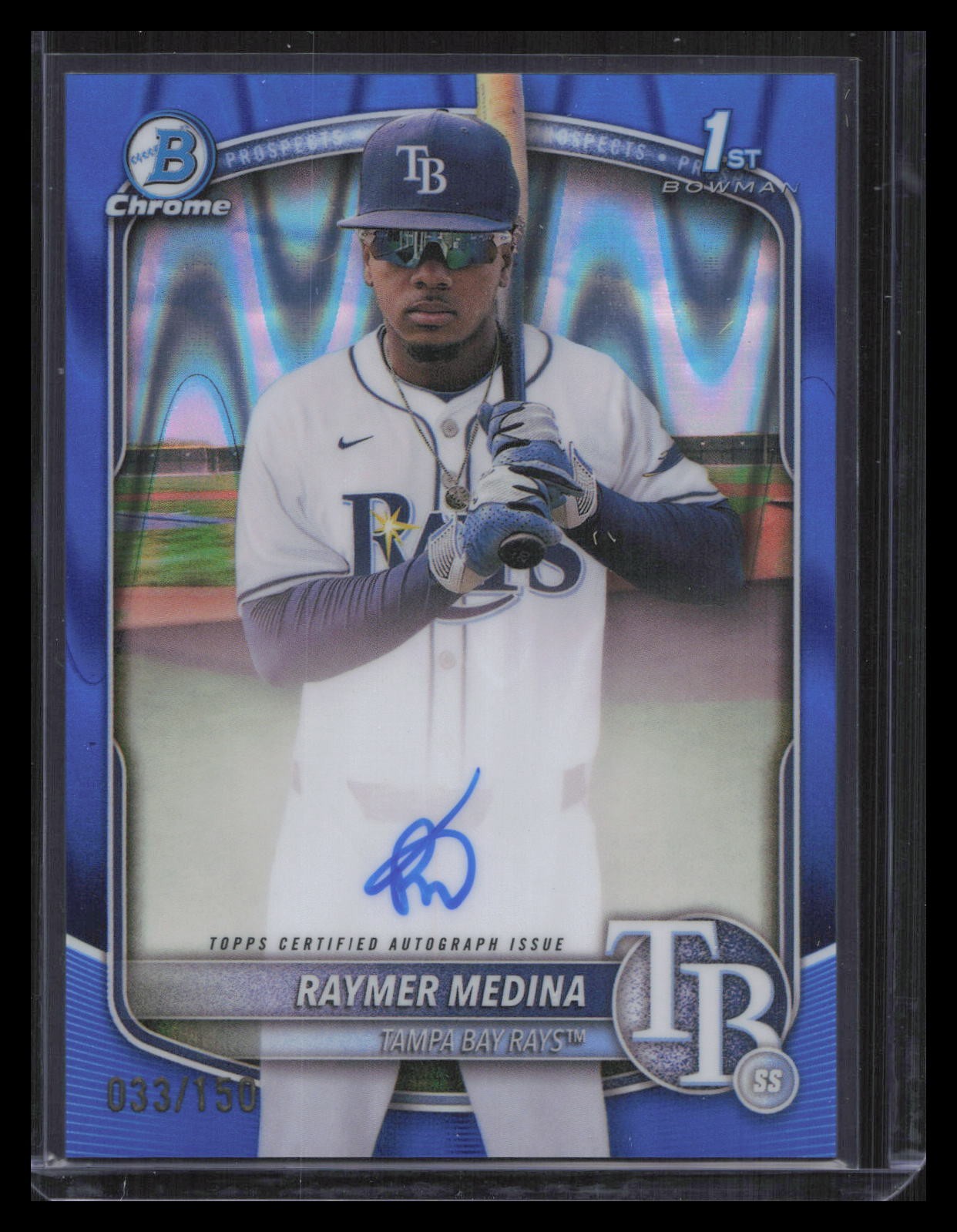 2025 Bowman Chrome #CPA-RM Raymer Medina Bowman Autographs Blue RayWave #/150